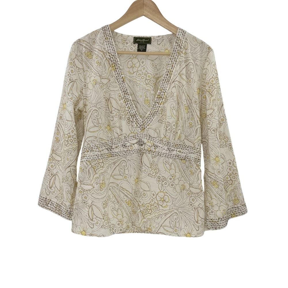 Eddie Bauer Floral V-Neck Cotton Long Sleeve Tunic Blouse Sz Med Tall Y2K Boho